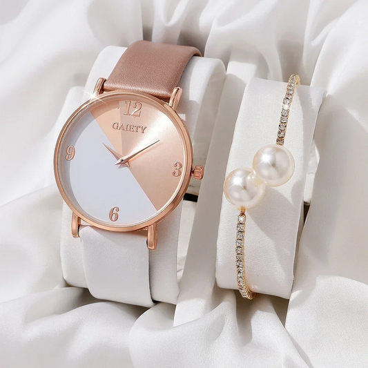 Women's quartz watch set with colorful PU leather strap and alloy bracelet.