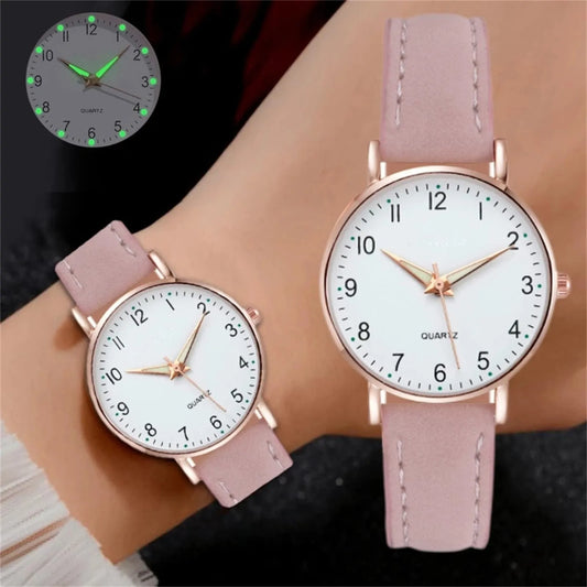Luminous leather strap watch with quartz movement.