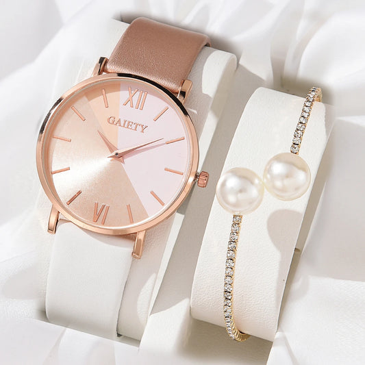 Women's quartz watch set with colorful PU leather strap and alloy bracelet.