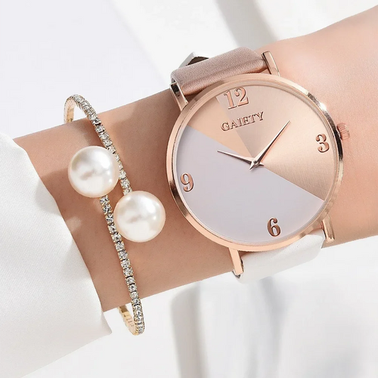 Women's quartz watch set with colorful PU leather strap and alloy bracelet.