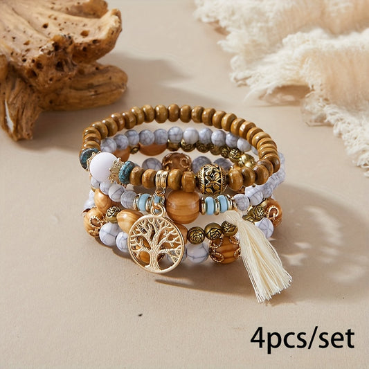 Tree of Life Bracelet Set (4pcs) - Bohemian Wooden Bead