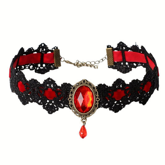 Gothic Vampire Choker, Black Lace & Rhinestone