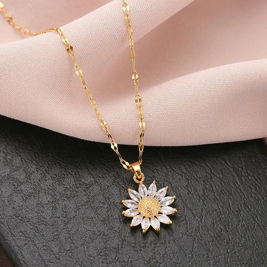 Gold Sunflower Choker - Korean Style Zircon Necklace (Wholesale)