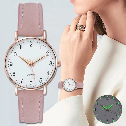 Luminous leather strap watch with quartz movement.