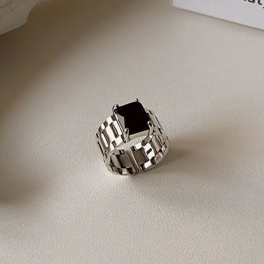 925 Sterling Silver Rectangle Black Zircon Ring