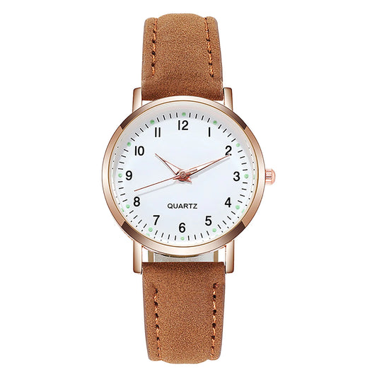 Luminous leather strap watch with quartz movement.
