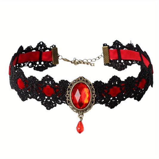 Gothic Vampire Choker, Black Lace & Rhinestone